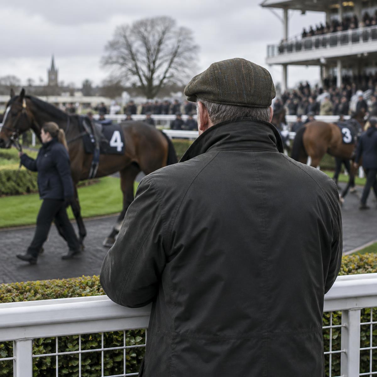 An experienced racing professional watching horses in an English parade ring